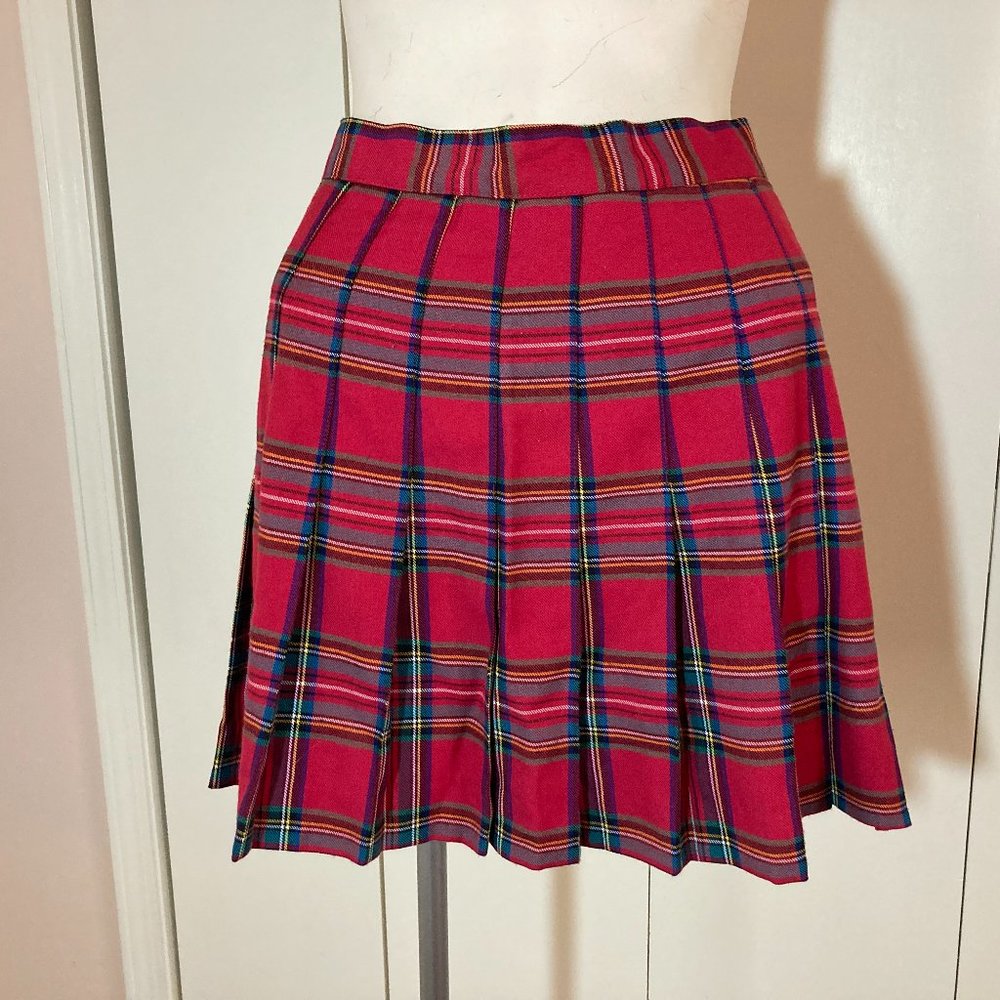 Mini School Girl Pleated Skirt Red, Green, Yellow Plaid High Waist Size 4